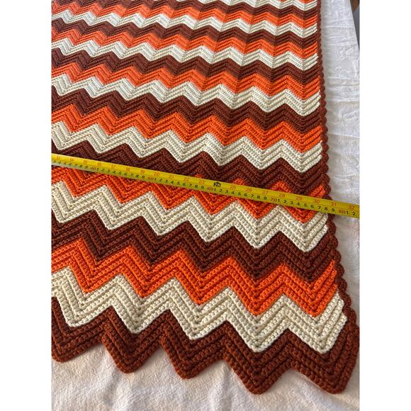 Handmade Zigzag Crochet Afghan Orange and Cream Blanket - Picture 4 of 5